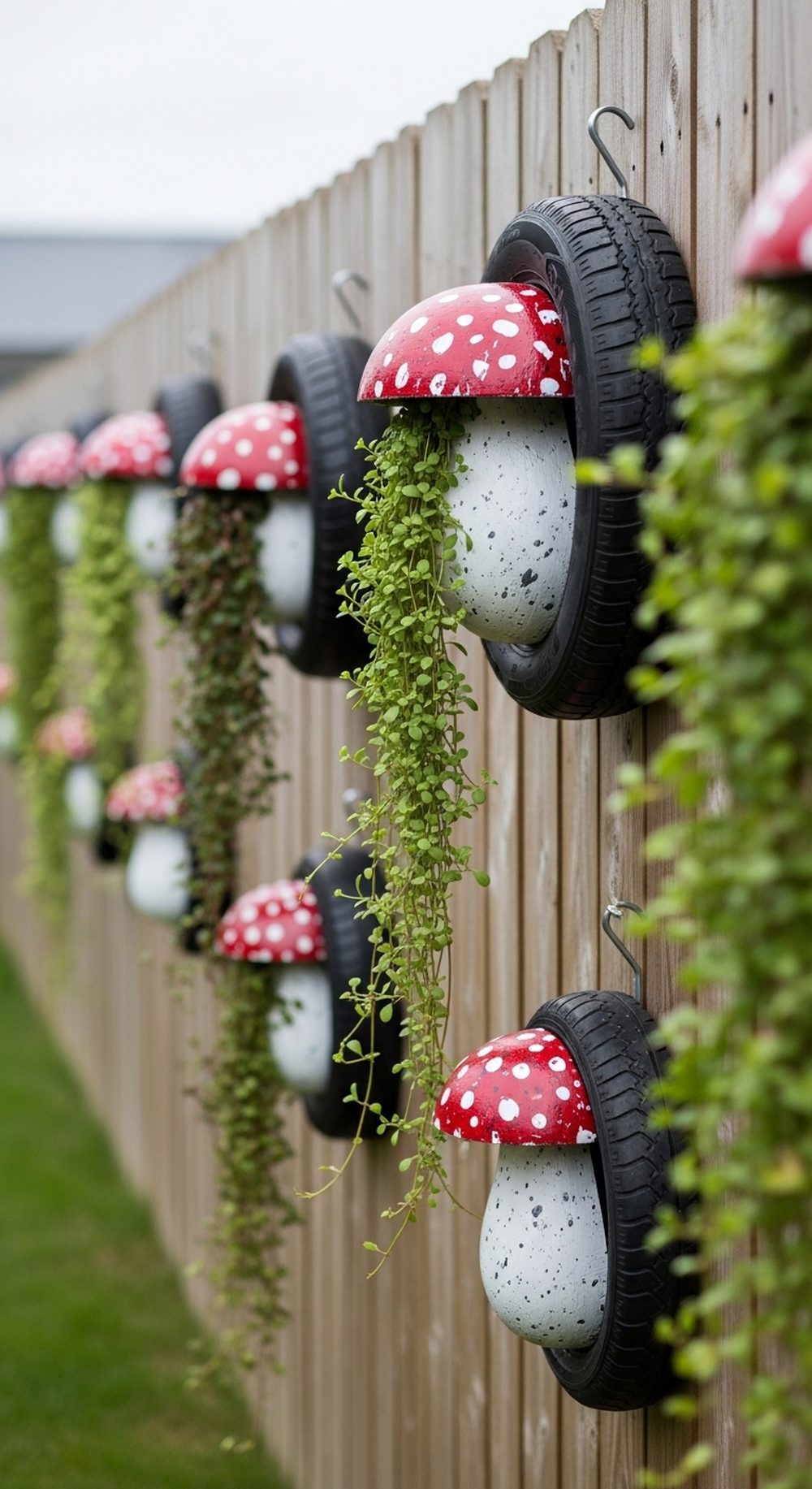 Hanging Tire Mushroom Wall On Fence