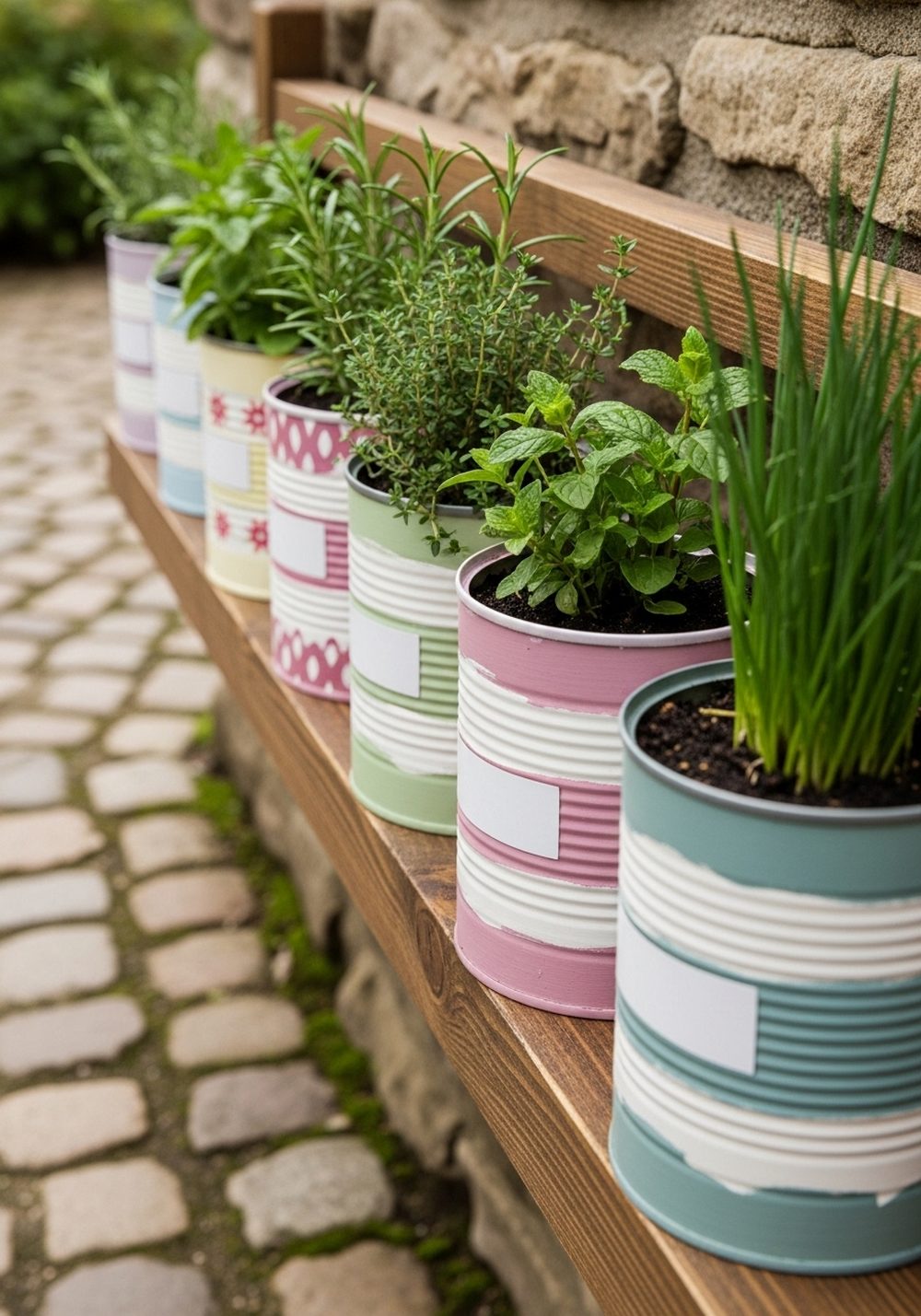 Herb Garden Tin Cans On A Wooden Rack