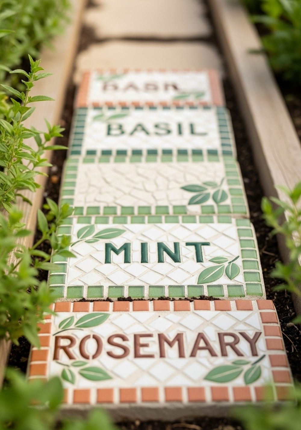 Herb-Label Mosaic Stepping Stones
