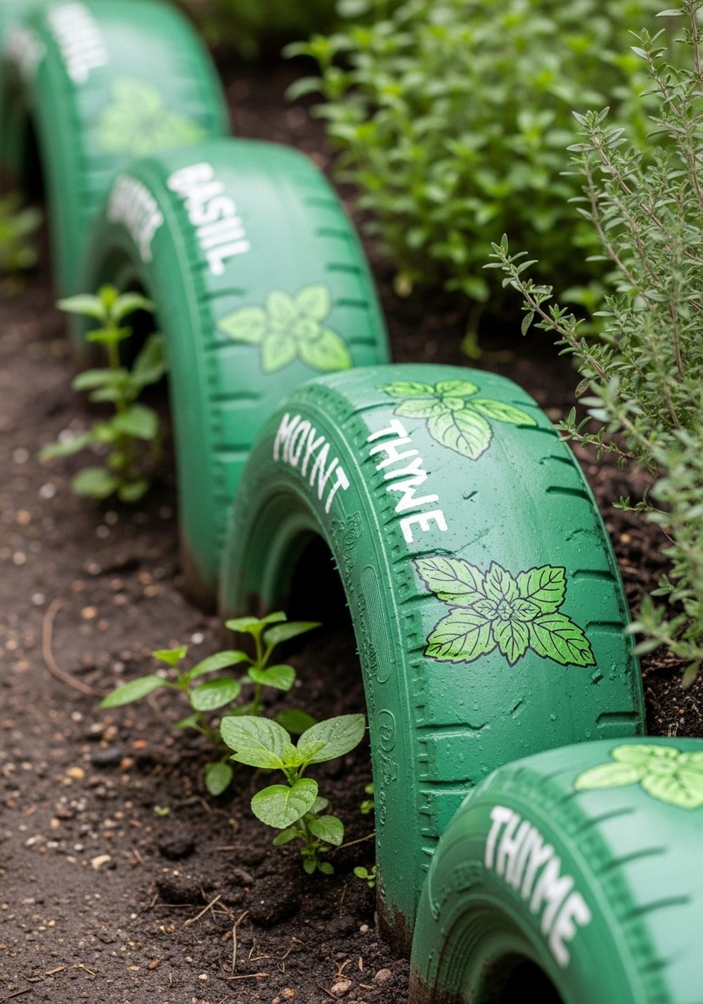 Herb-Label Tire Edging For Kitchen Beds