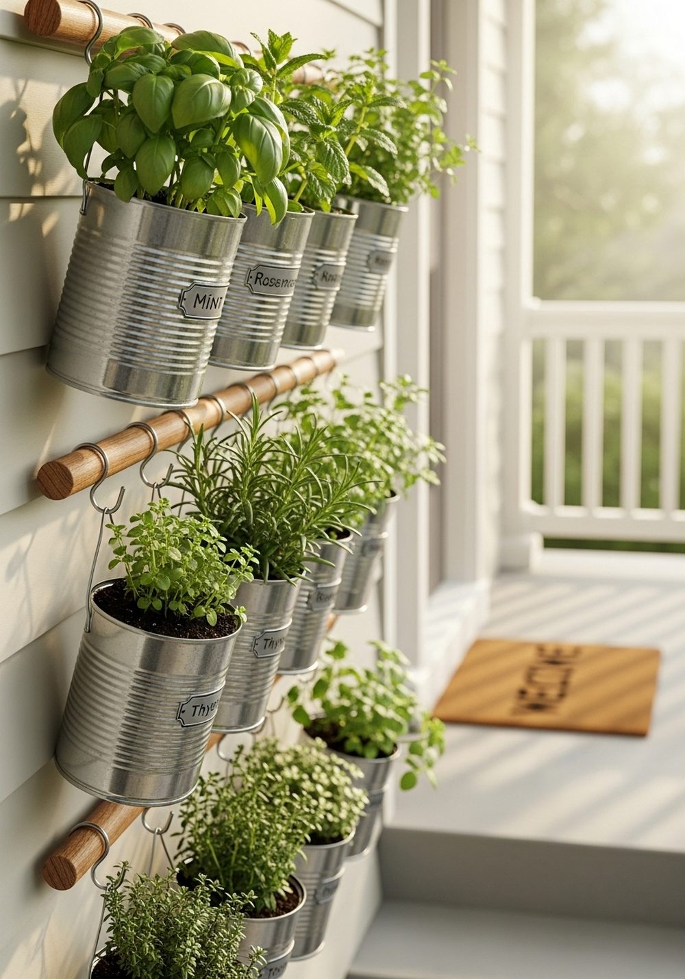Herb Rack With Hanging Tin Cans On The Porch