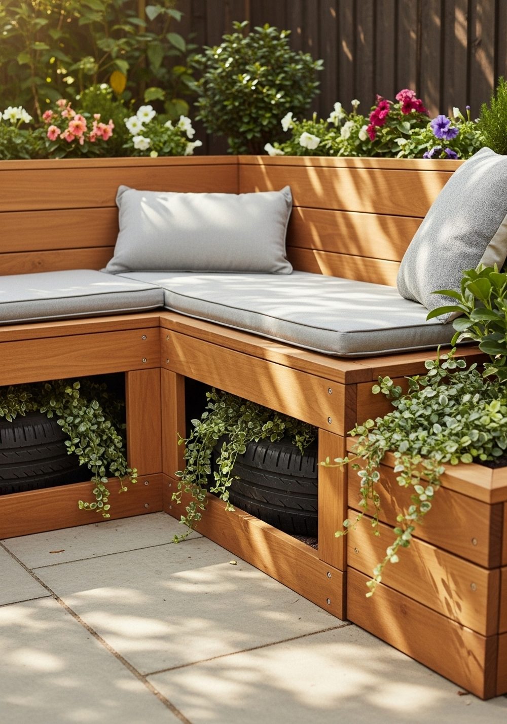 Hide Tires Under A Built-In Bench Planter