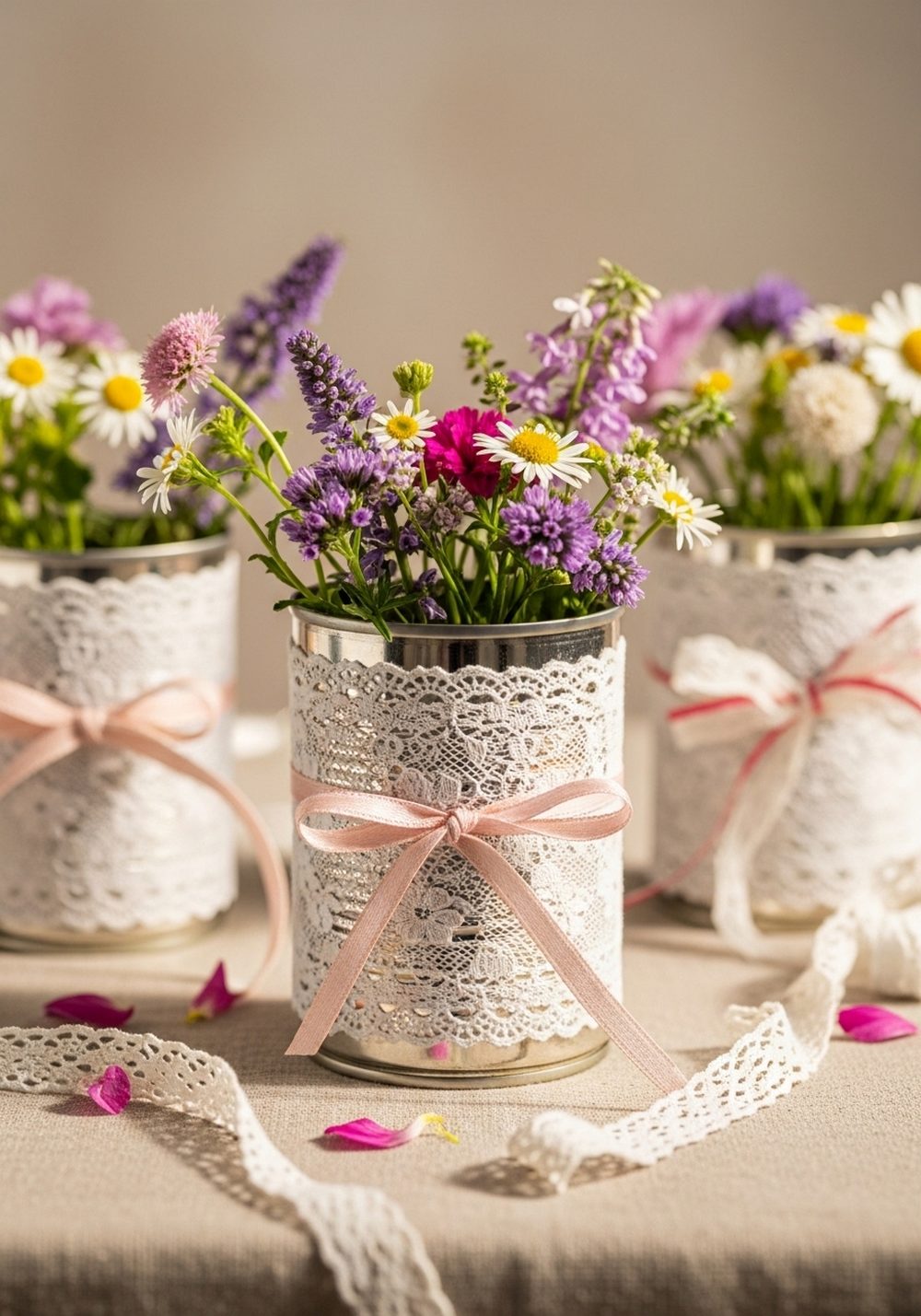 Lace And Ribbon Tin Can Flower Vases