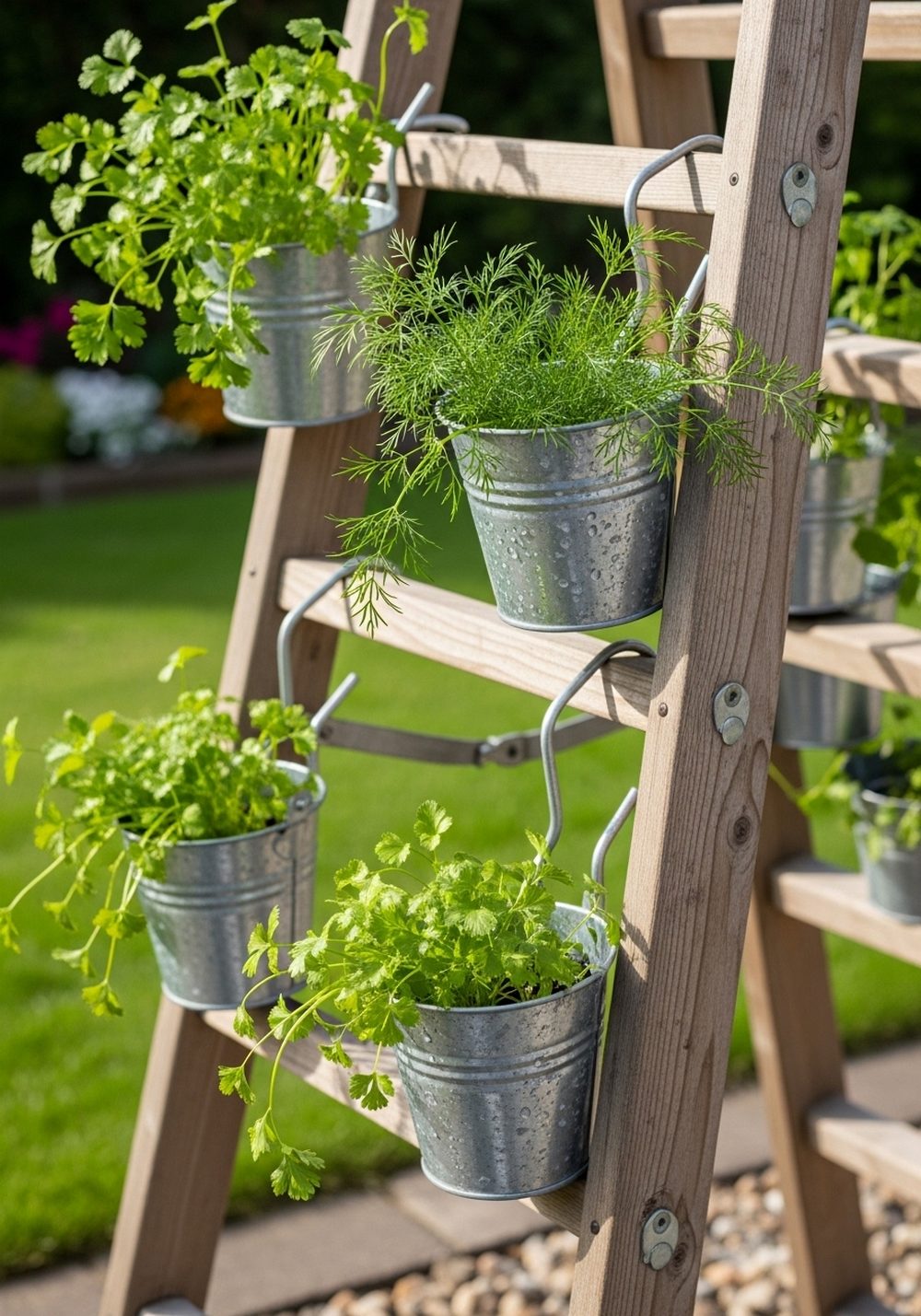 Ladder Herb Garden With Hanging Buckets