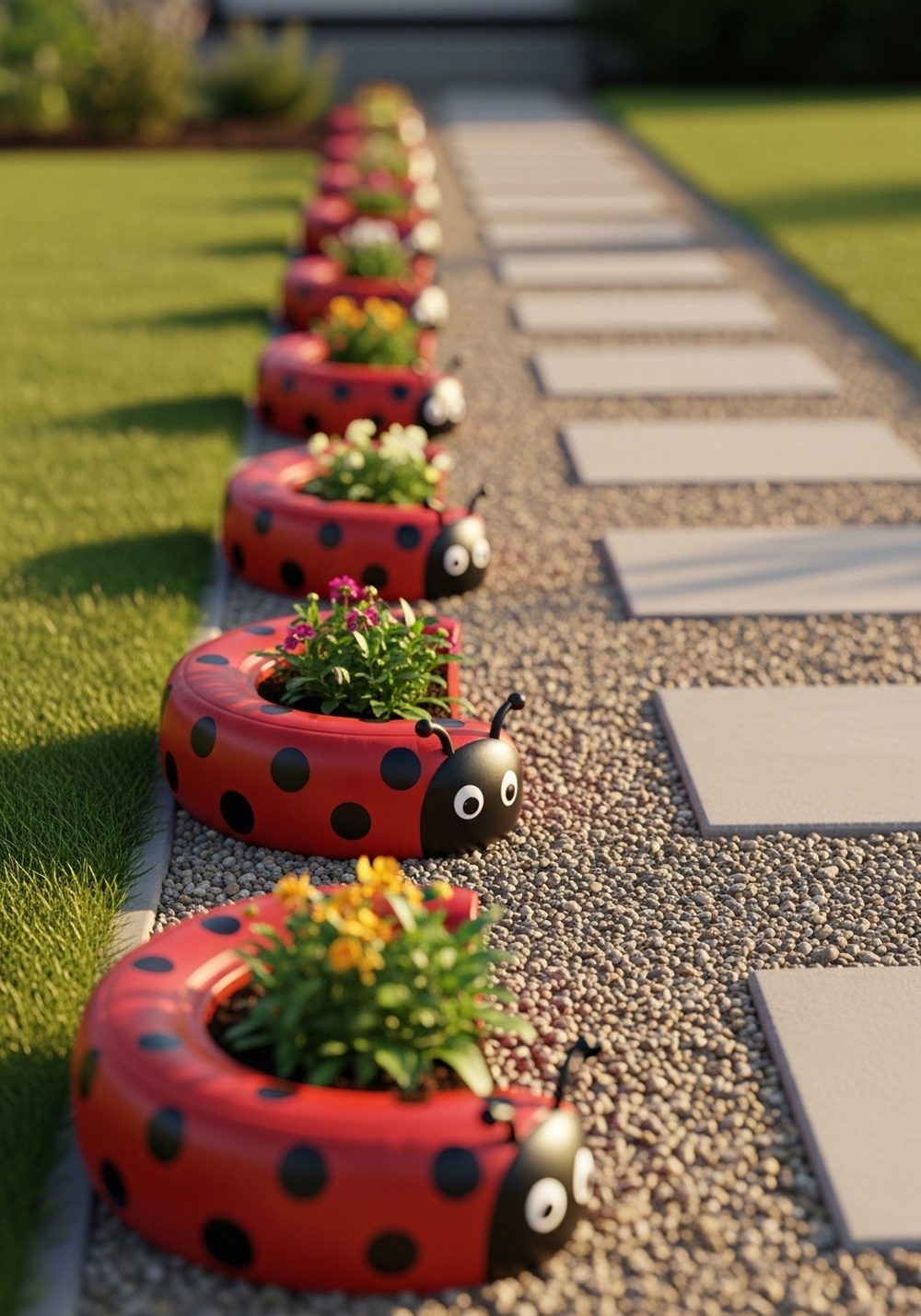 Ladybug Tire Planter Pathway Line
