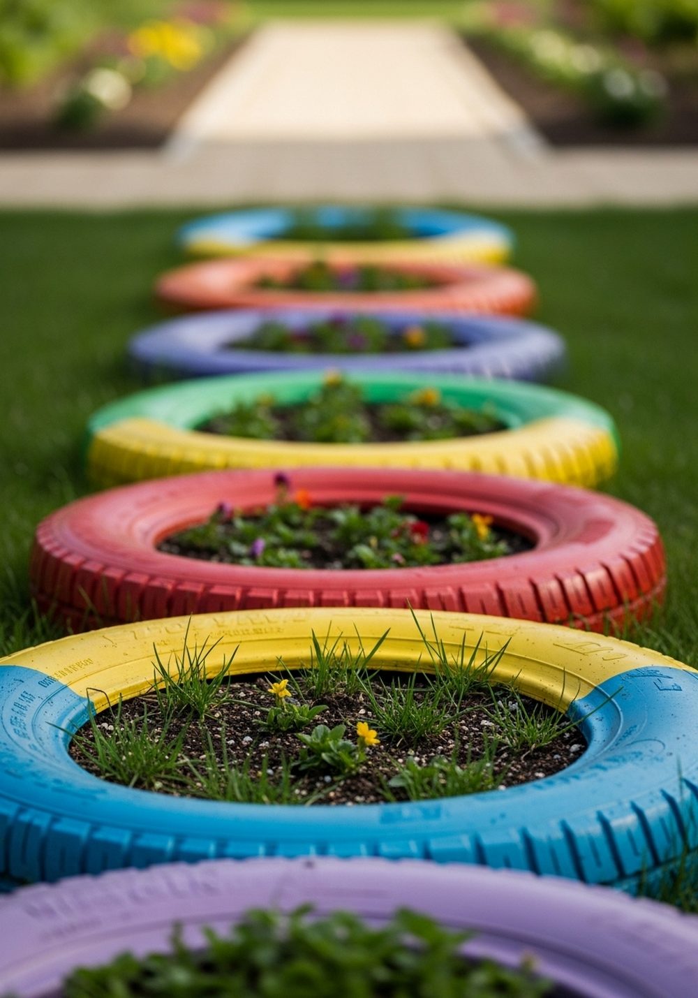 Lay A Rainbow Tire Planter Ring Hopscotch Path