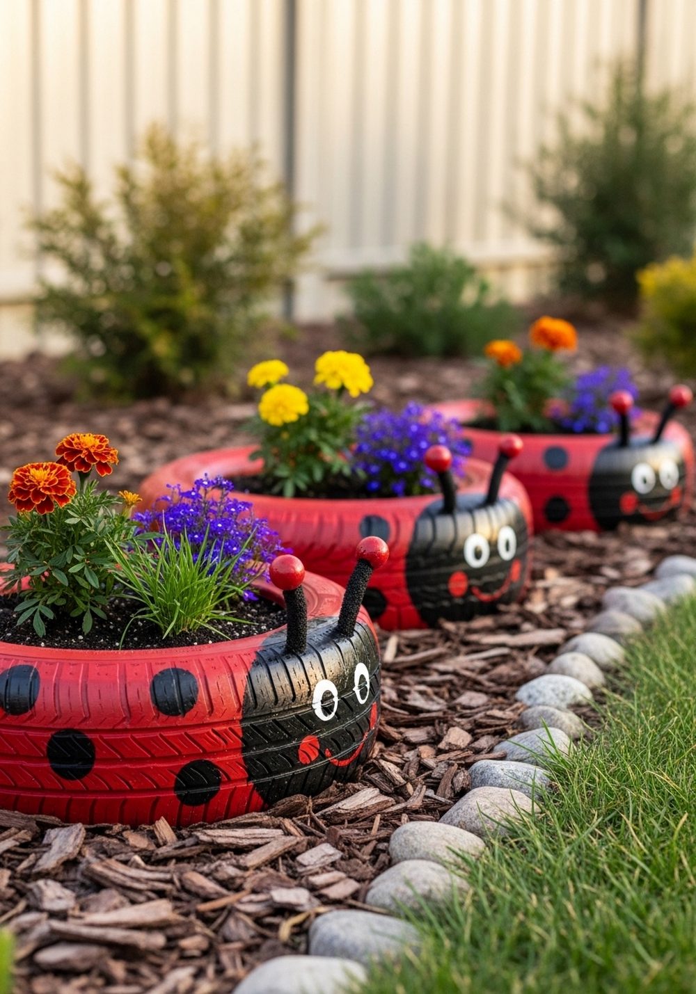 Low-Slung Ladybug Tire Planter Trio