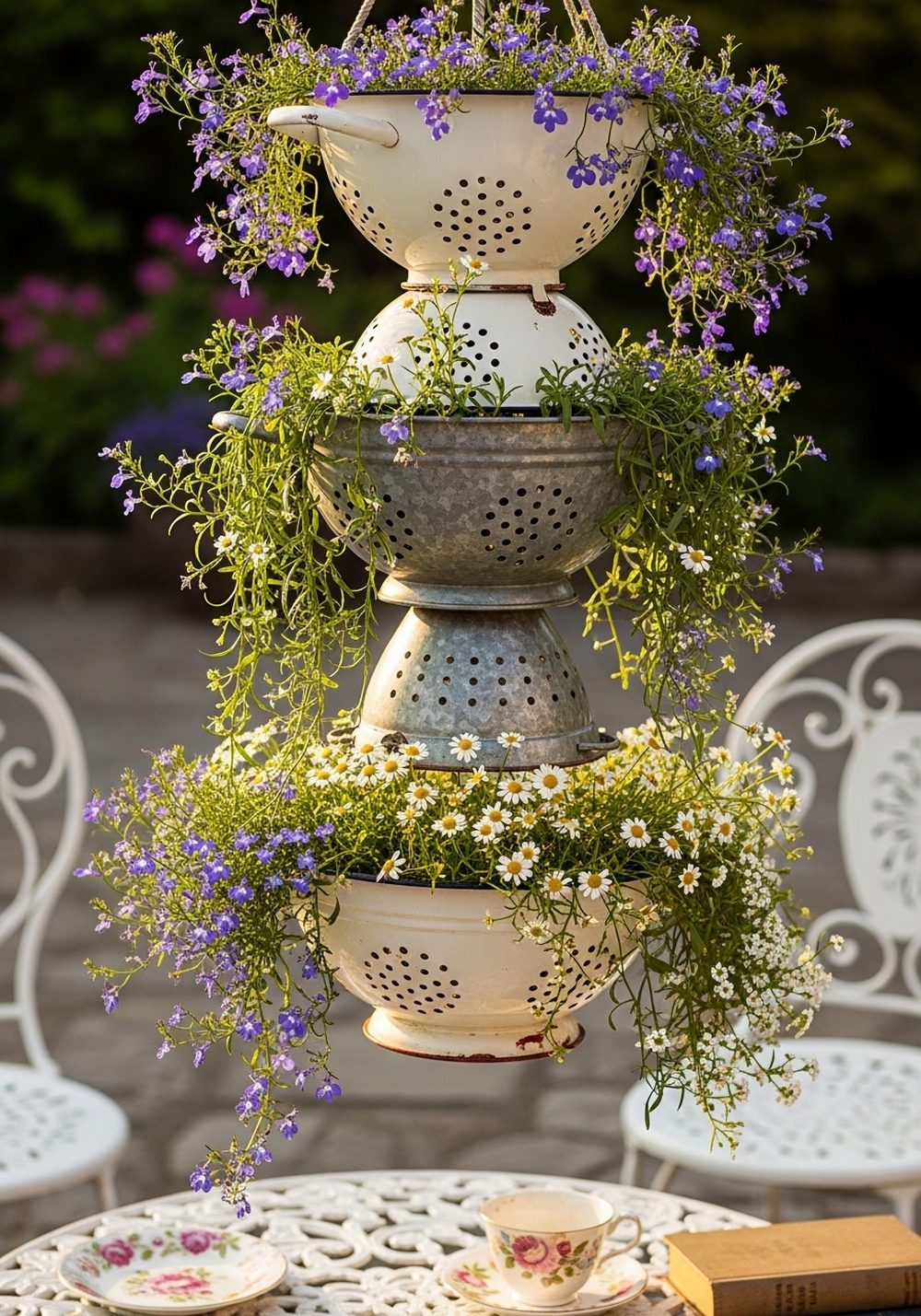 Make A Tiered Colander Flower Chandelier Above The Seating Area