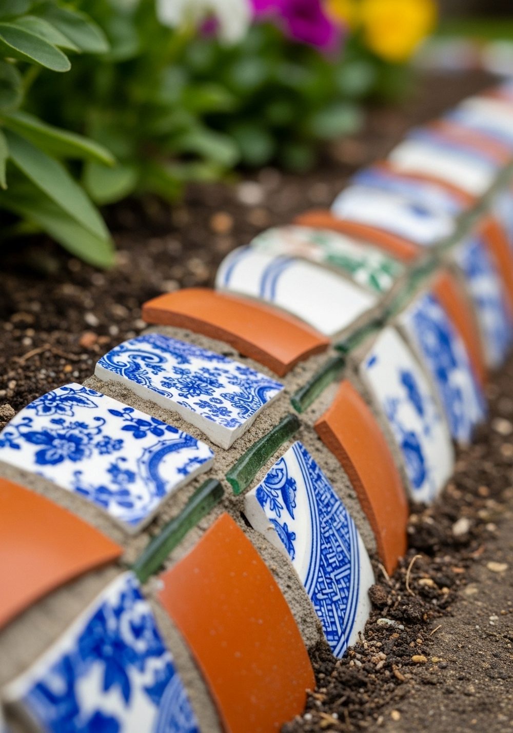 Make Mosaic Edging From Broken Pots And Plates