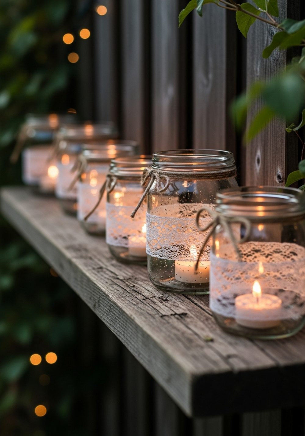 Mason Jar Lace Lanterns On A Rustic Shelf