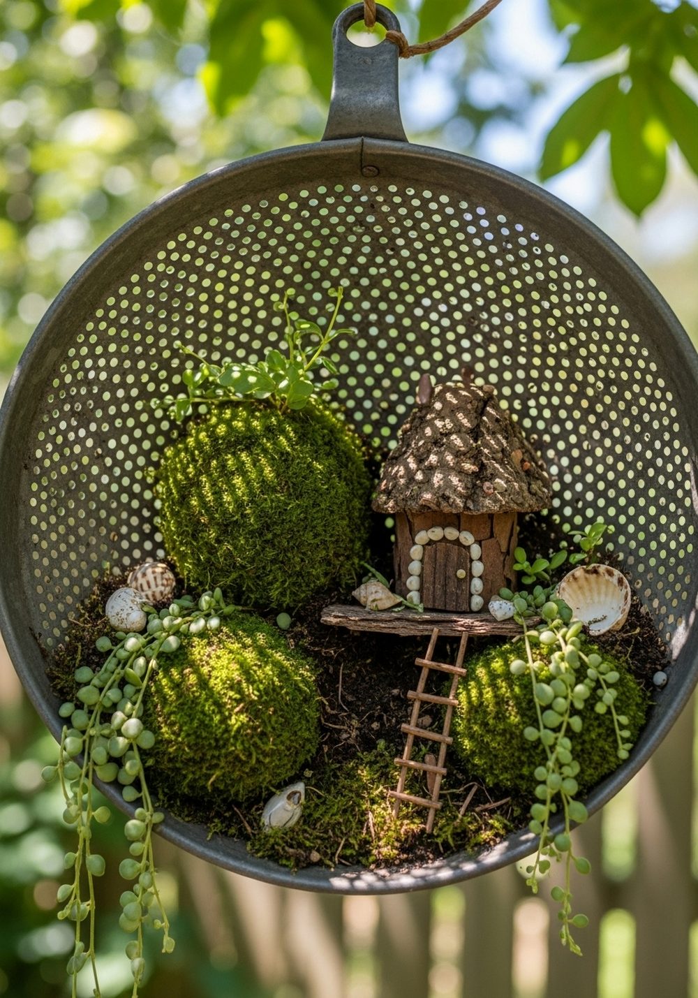 Mini Fairy Garden Strainer Scene