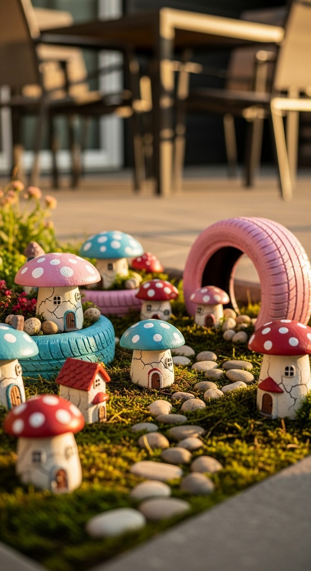 Mini Tire Mushroom Village Near The Patio
