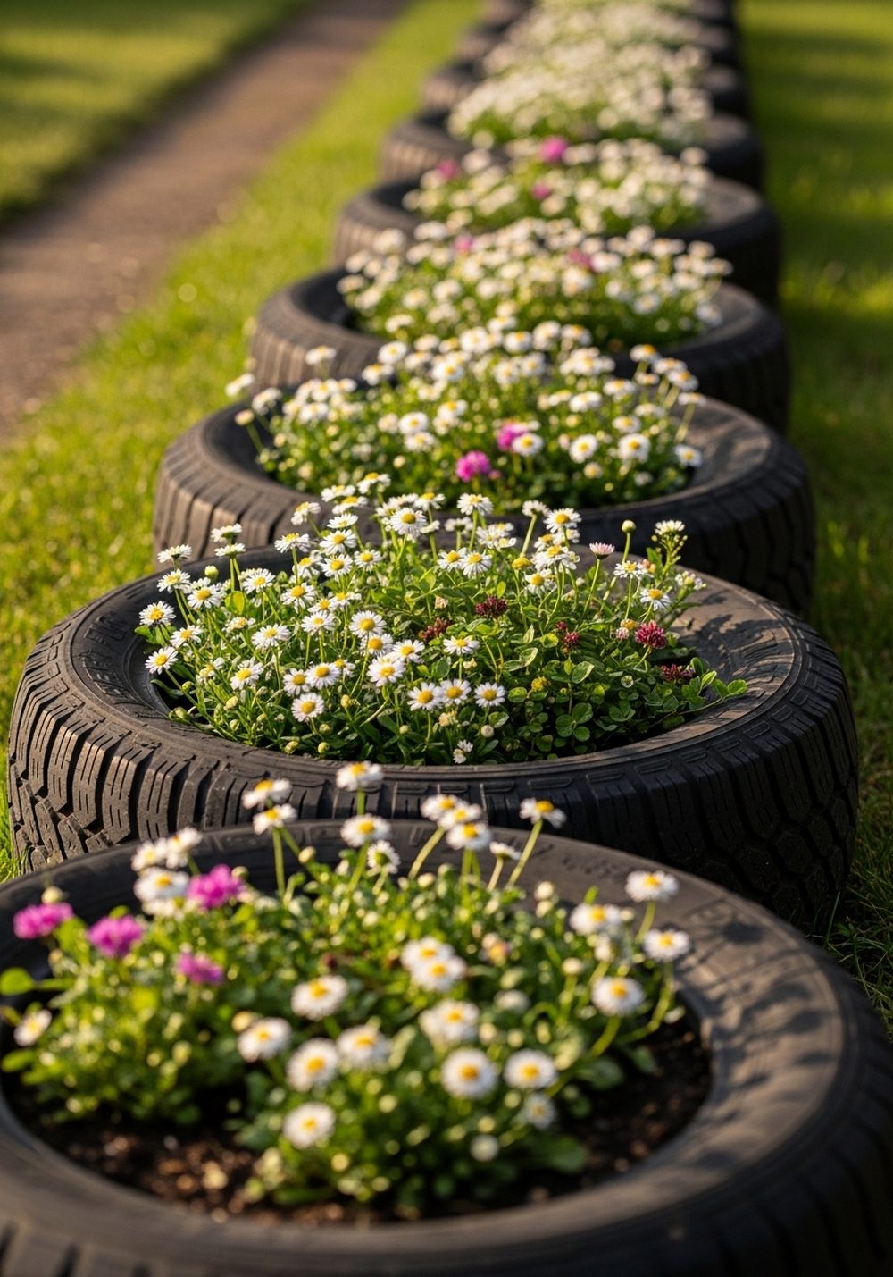 Mini Wildflower Meadow In Tire Edging
