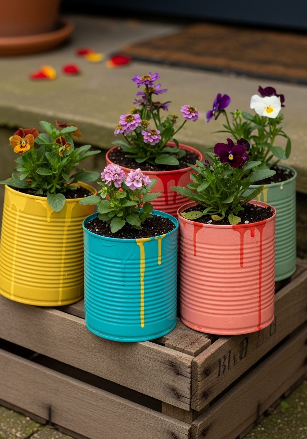 Mismatched Colorful Cans In A Weathered Fruit Crate