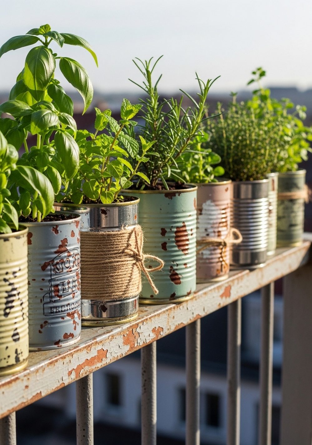 Mismatched Tin Can Herb Rail