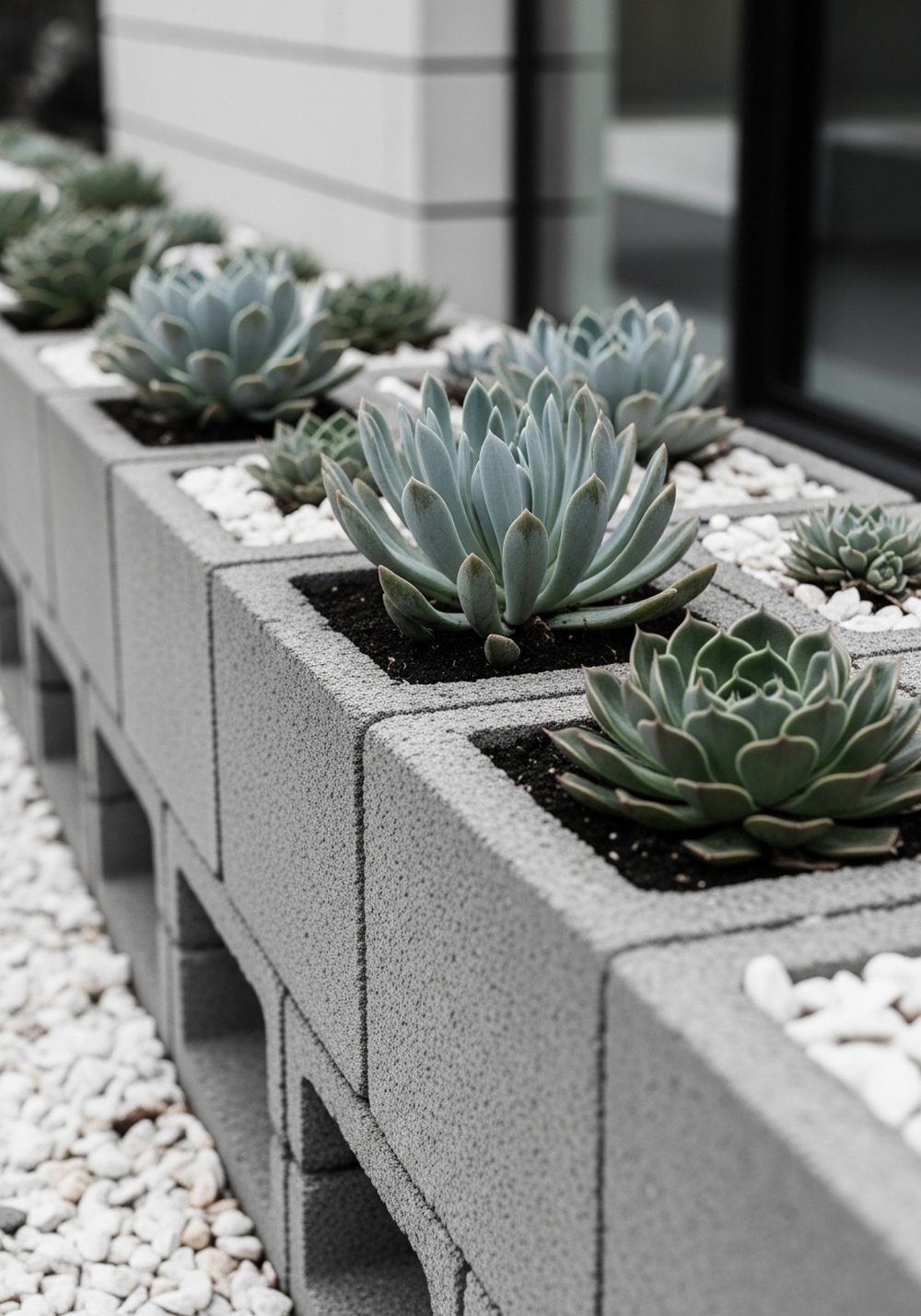 Modern Monochrome Succulent Wall With Gravel Base