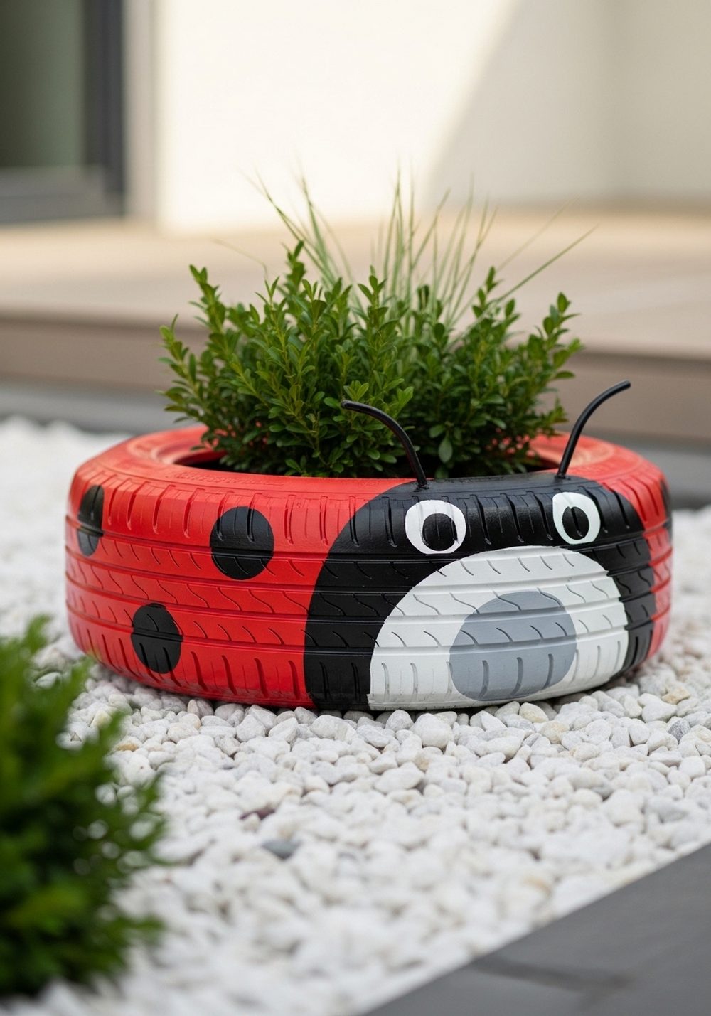 Monochrome Ladybug Tire Planter For Modern Gardens