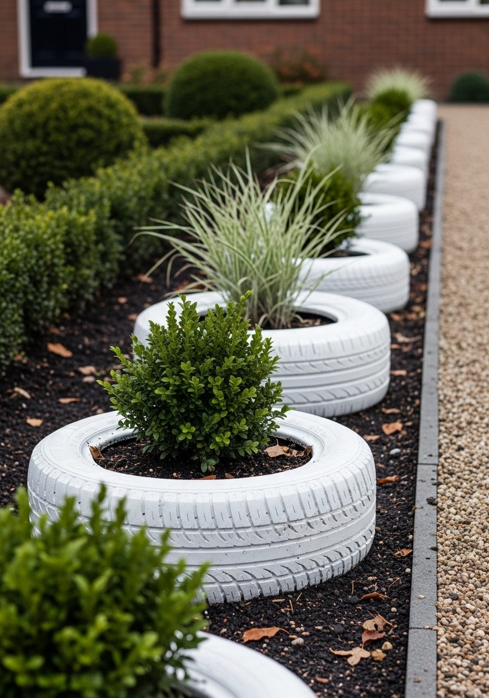 Monochrome Tire Planters Lining The Path