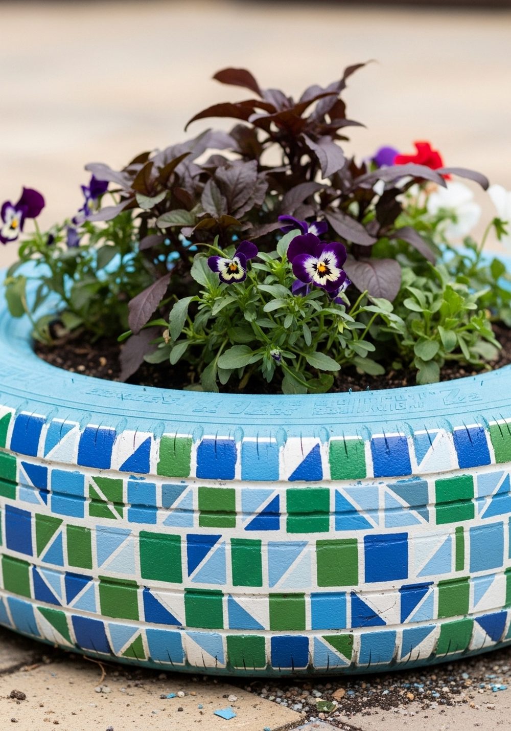 Mosaic-Effect Tyre Planter With Stencils