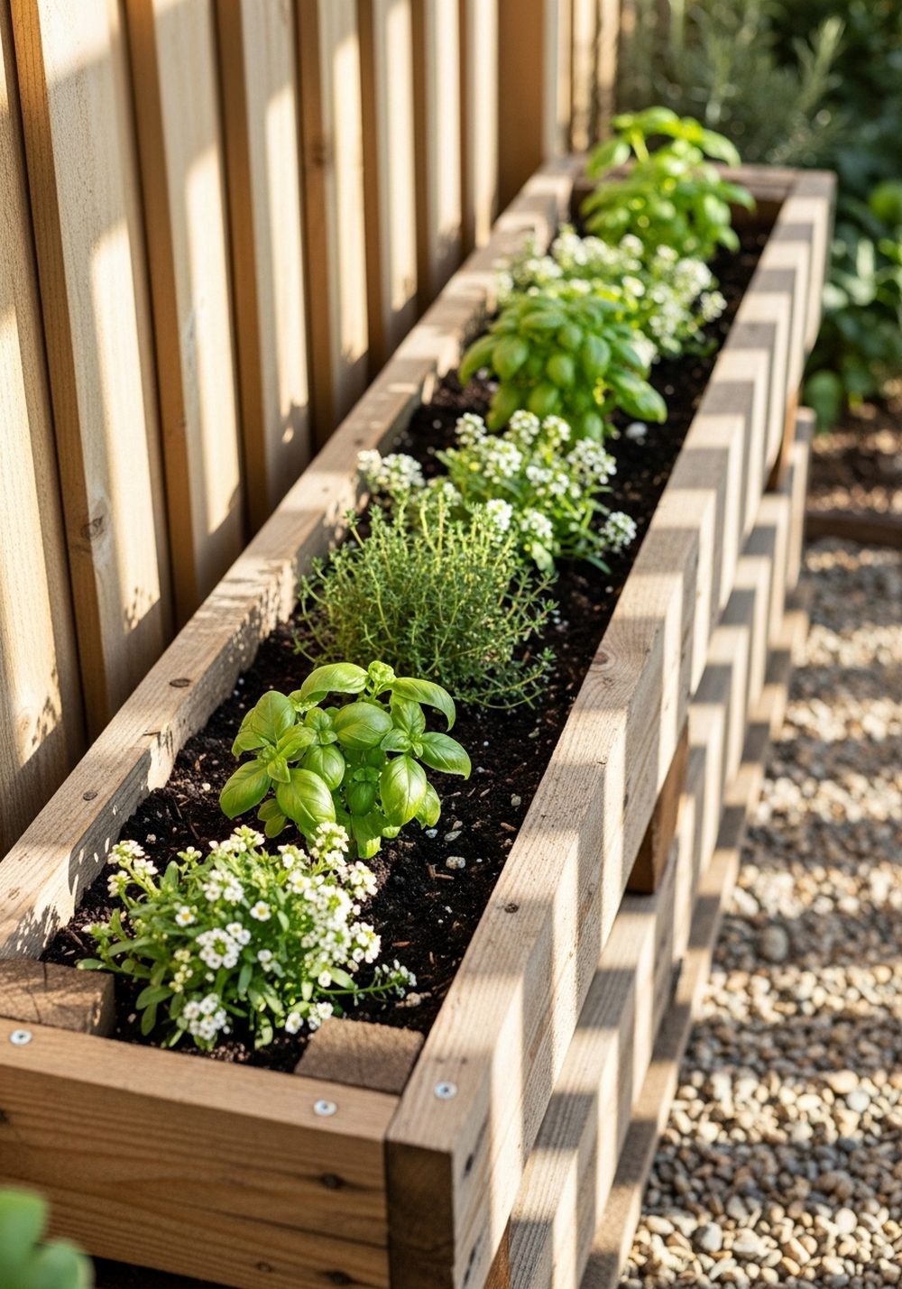Narrow Pallet Planter Along A Fence