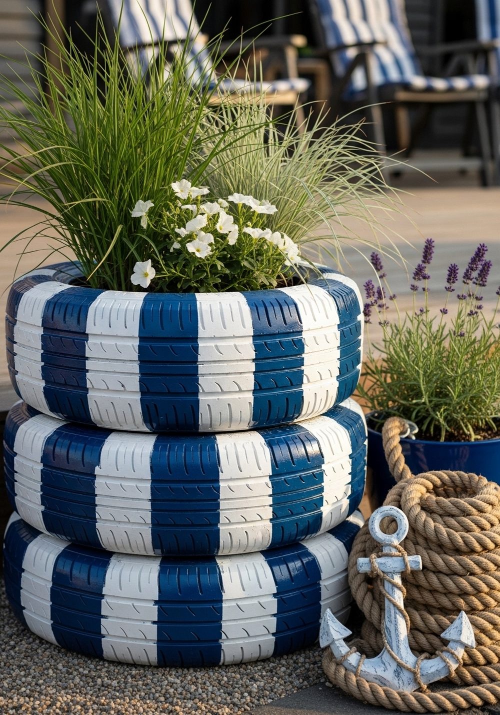 Nautical Blue-and-White Dockside Tire Planters