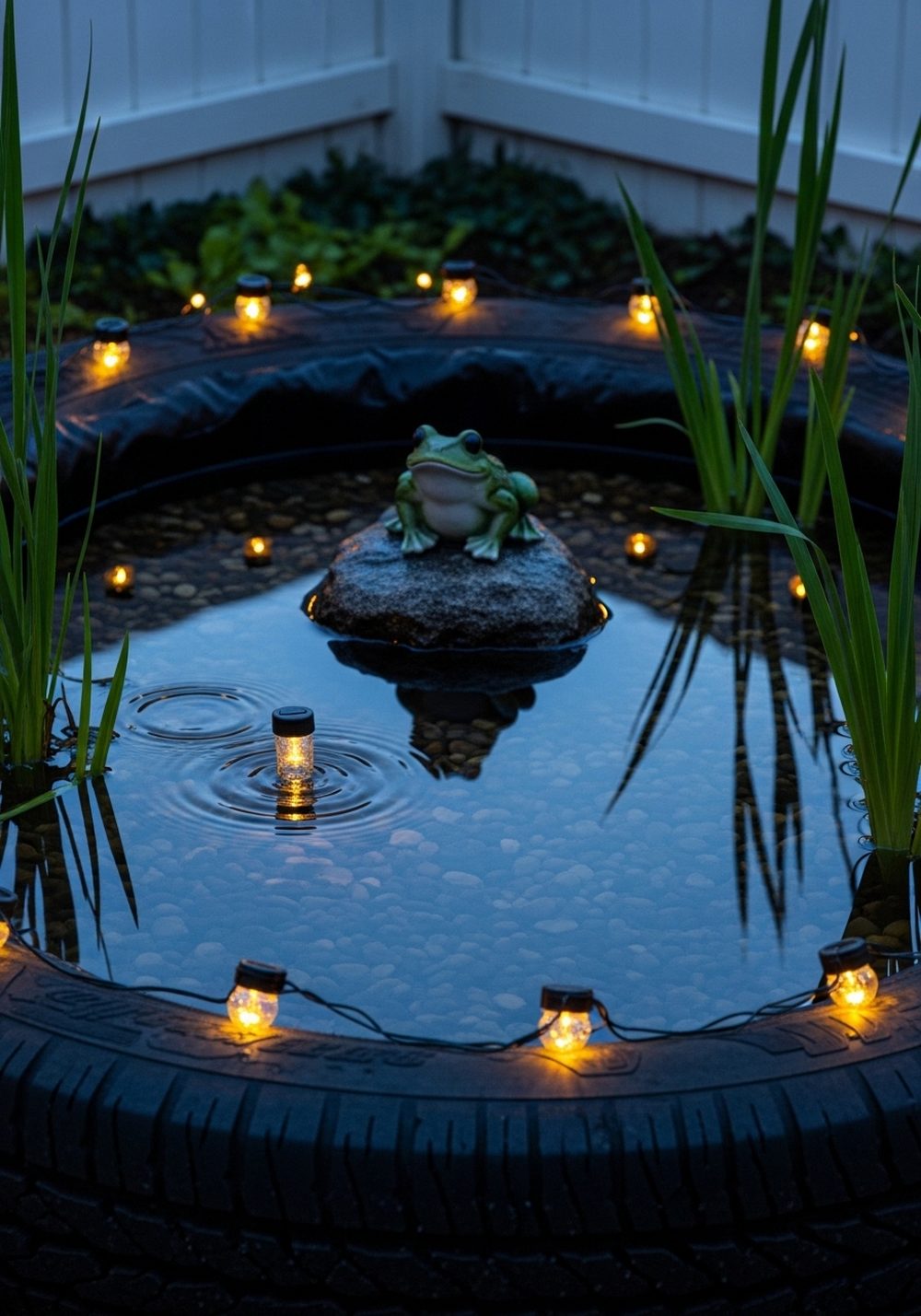 Night-Lit Tire Frog Pond With Solar Glow