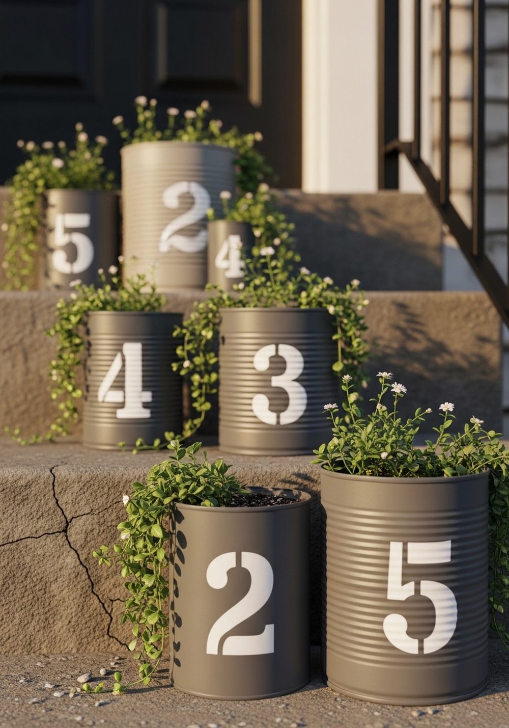 Numbered Stair-Step Tin Can Planters