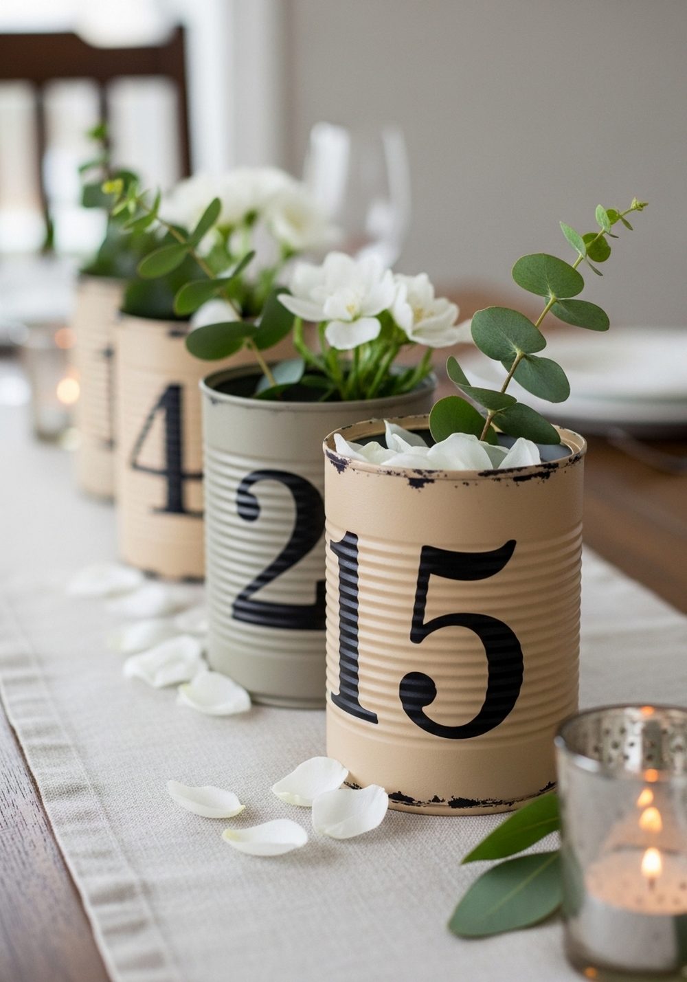 Numbered Tin Cans As A Farmhouse Table Centerpiece