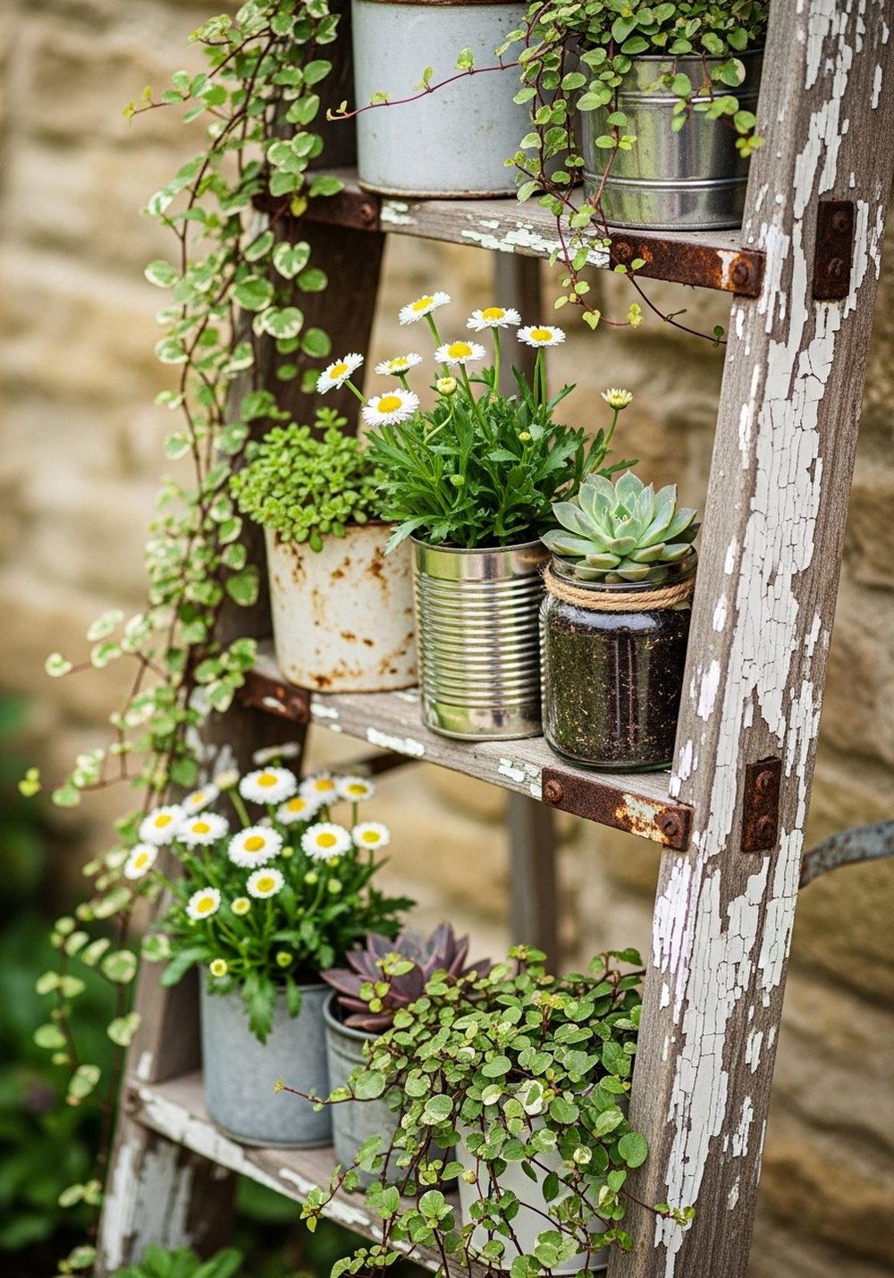 Old Ladder Vertical Plant Display