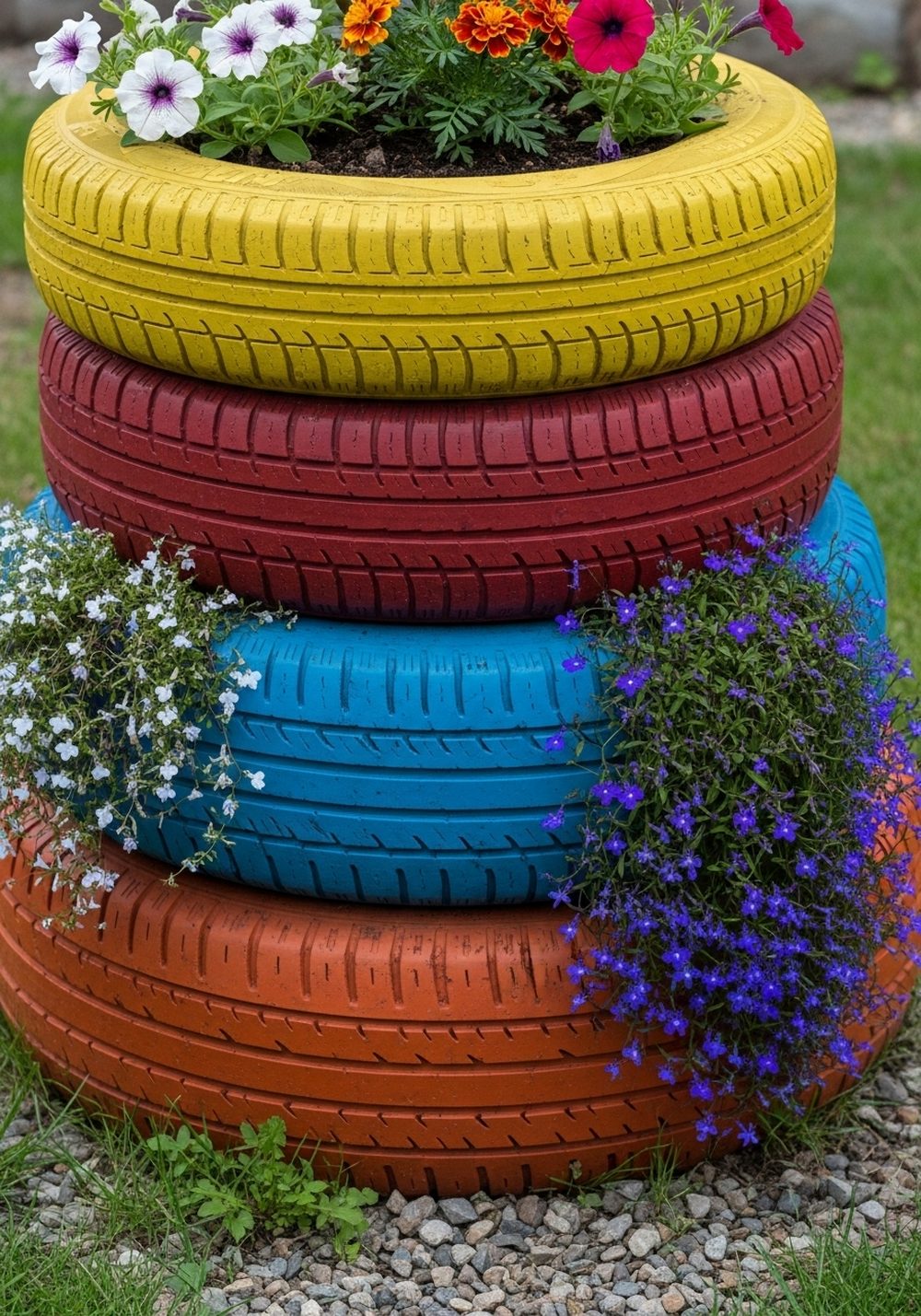 Old Tire Stacked Flower Towers