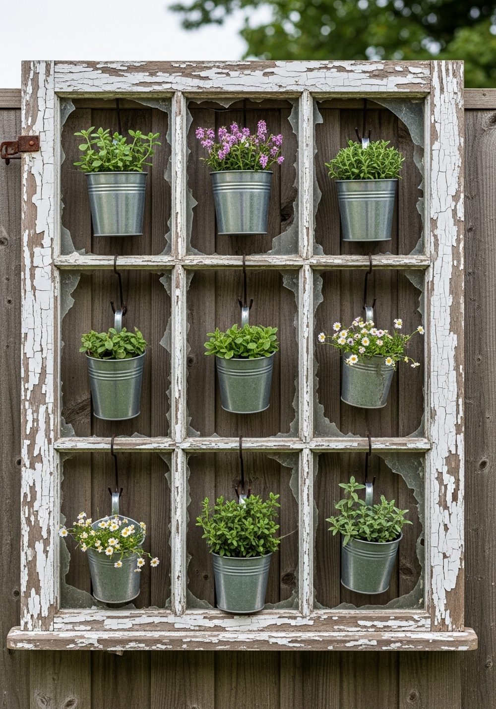 Old Window Frame Cottage-Style Vertical Garden