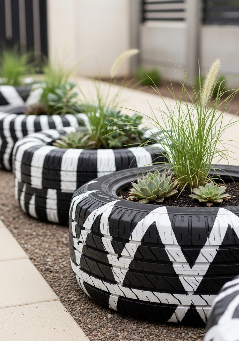 Paint Bold Black-And-White Geometric Tire Planters
