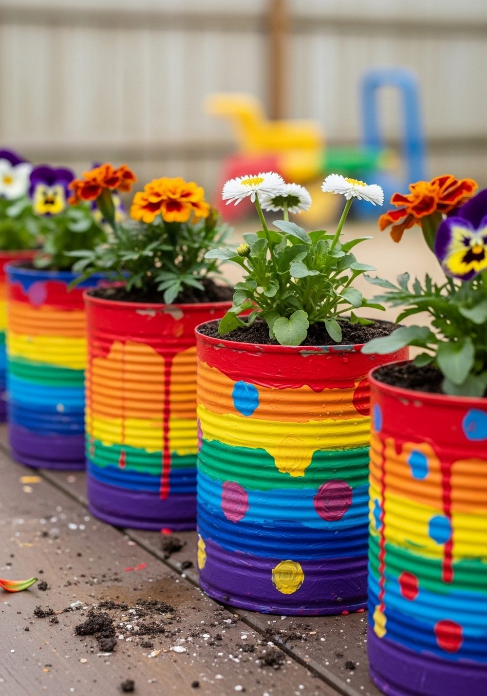 Paint-Splashed Rainbow Tin Can Flower Pots