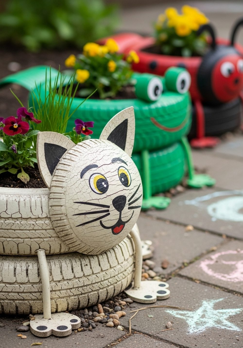 Painted Animal-Shaped Tire Planters For Kids’ Corner