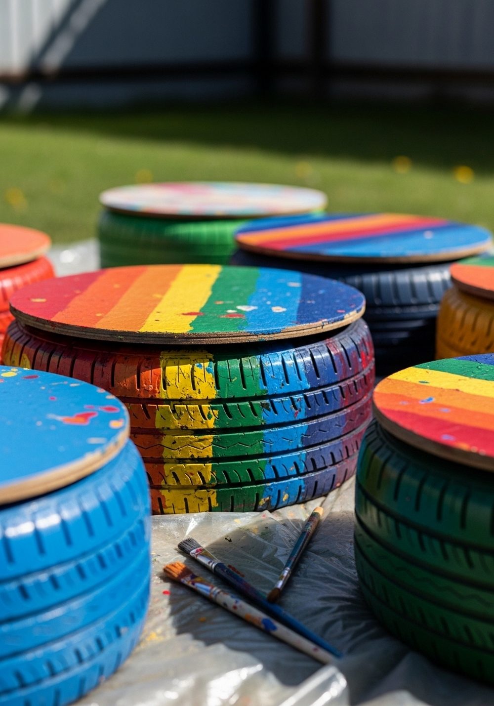Painted Rainbow Tire Stools