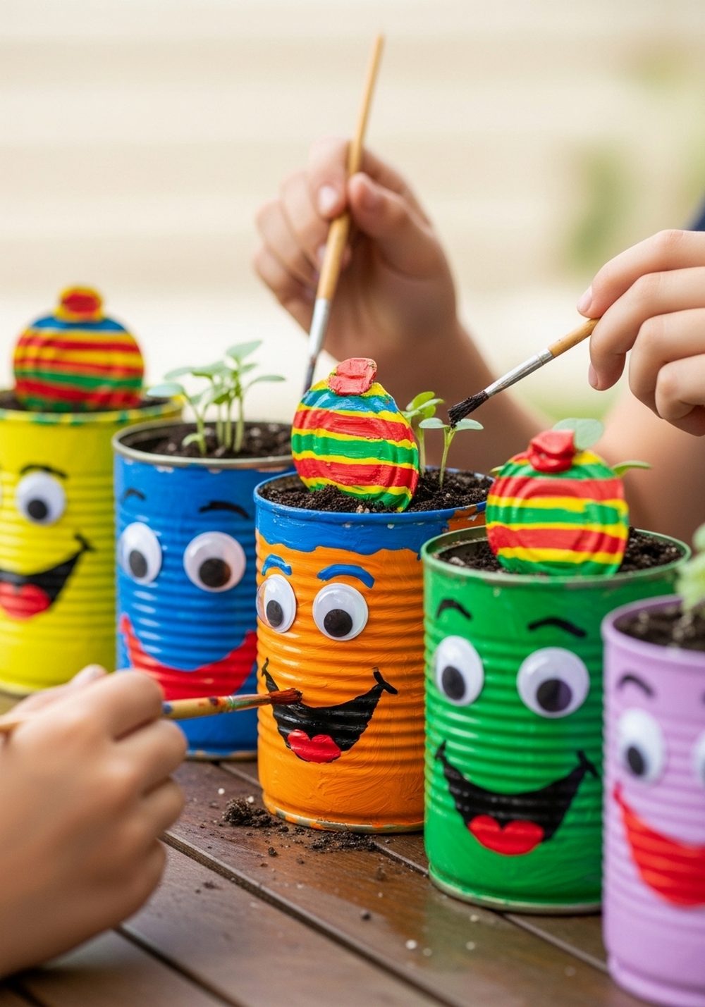 Painted Tin Can Plant Pots With Silly Faces