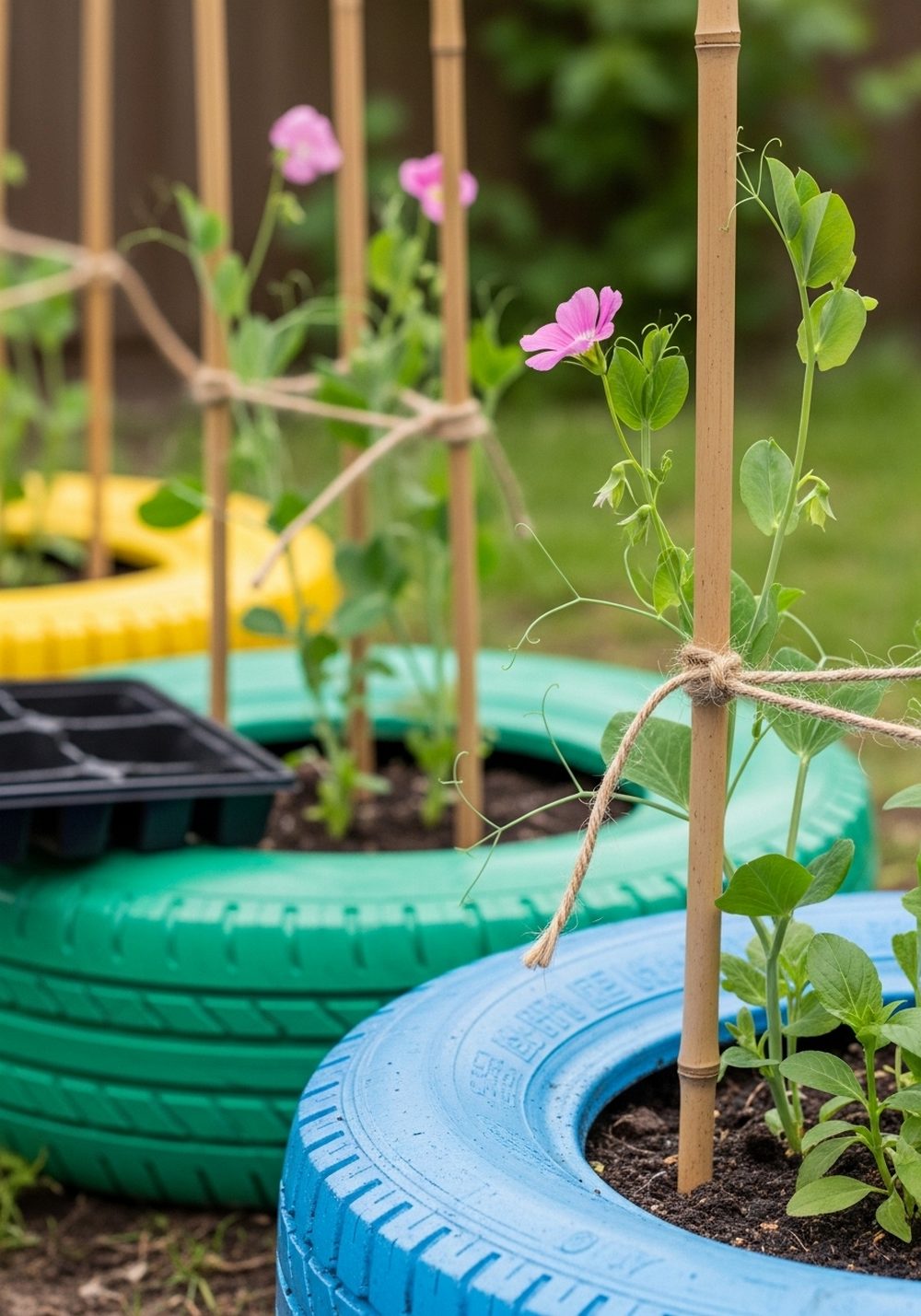 Painted Tire Planters With Mini Bamboo Stakes