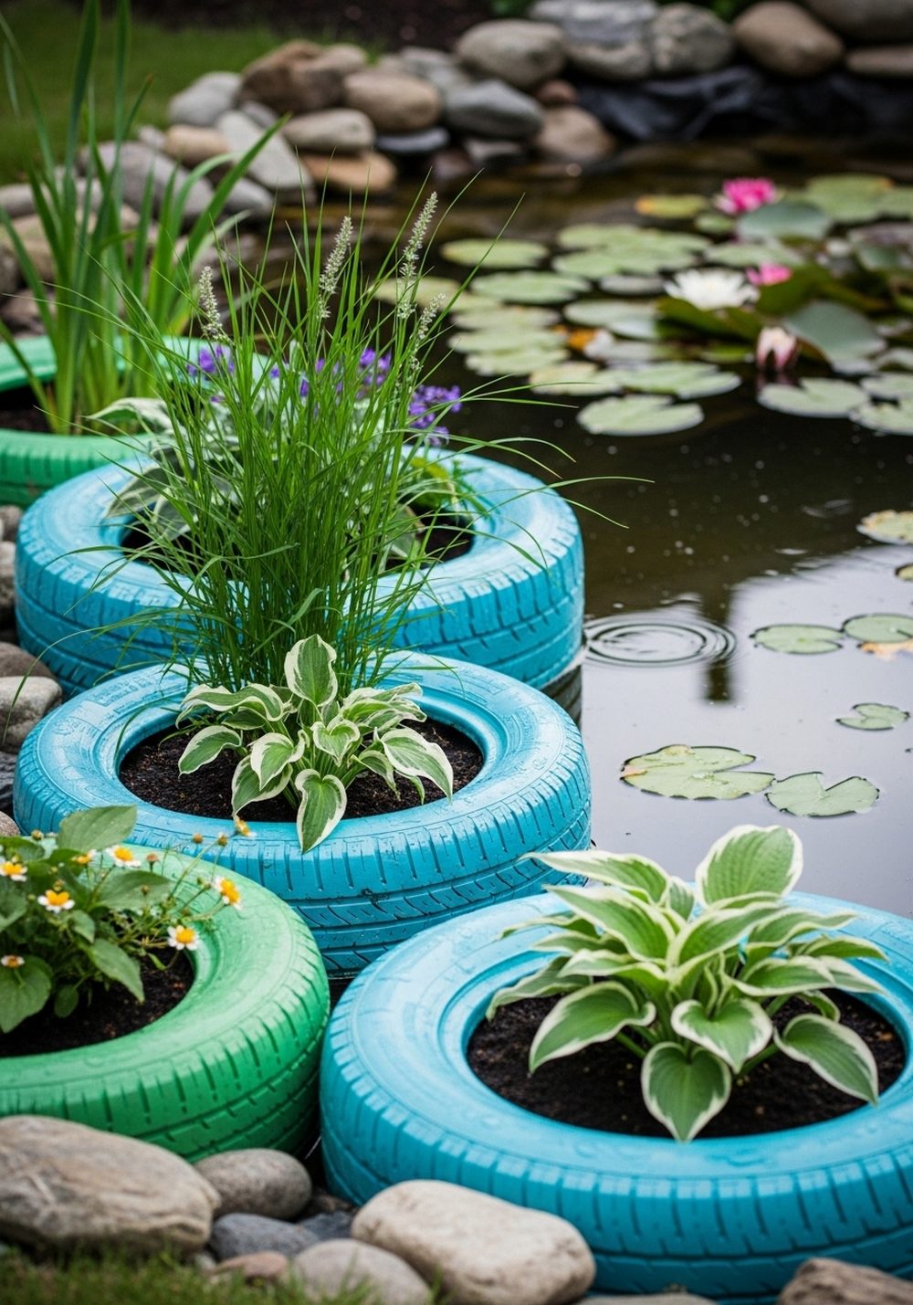 Painted Tire Pond-Edge Planters