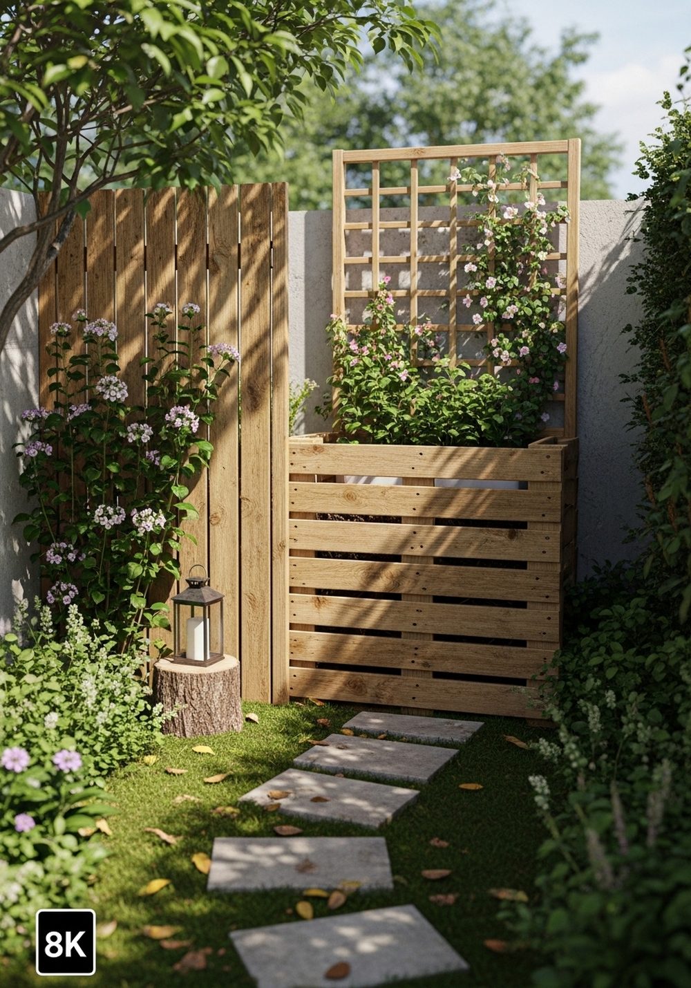 Pallet Compost Bin Hidden Behind Trellis