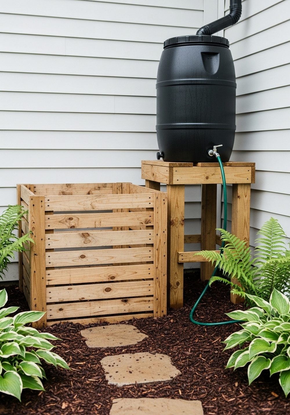 Pallet Compost Bin With Rain Barrel Stand