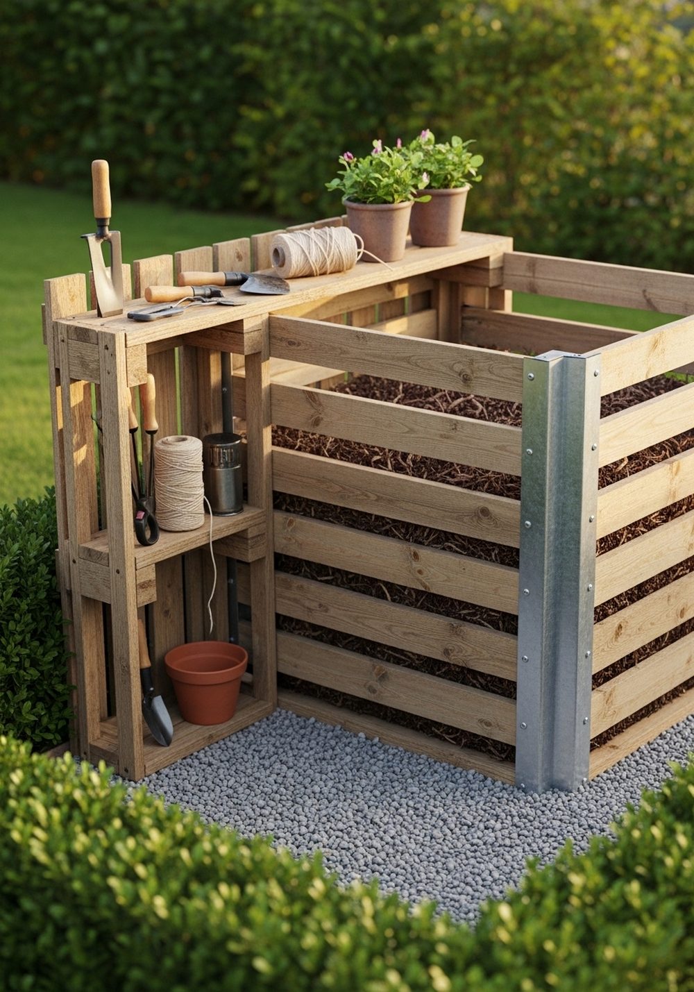 Pallet Compost Bin With Tool Storage Shelf