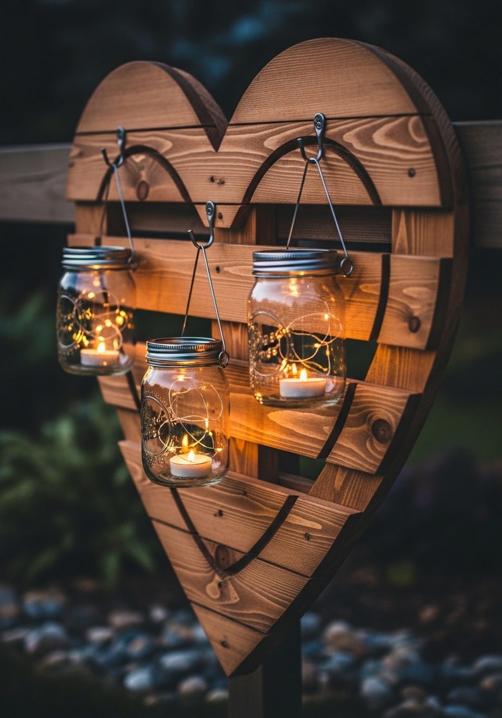 Pallet Heart With Hanging Mason Jar Lanterns