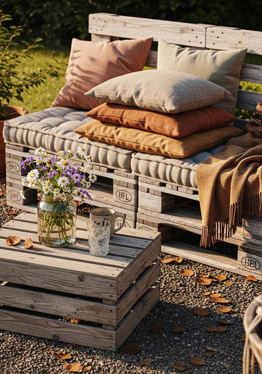 Pallet Lounge With Faded Cushions