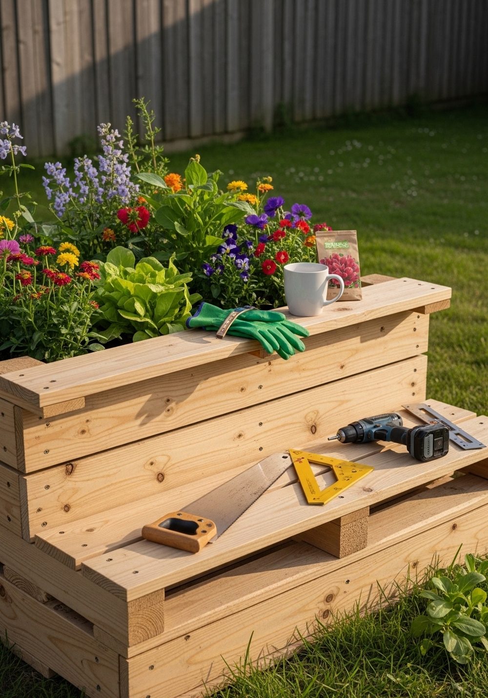 Pallet Raised Bed With Built-In Seating Edge