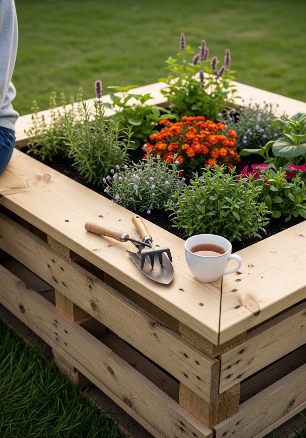 Pallet Raised Bed With Built-In Seating Edge