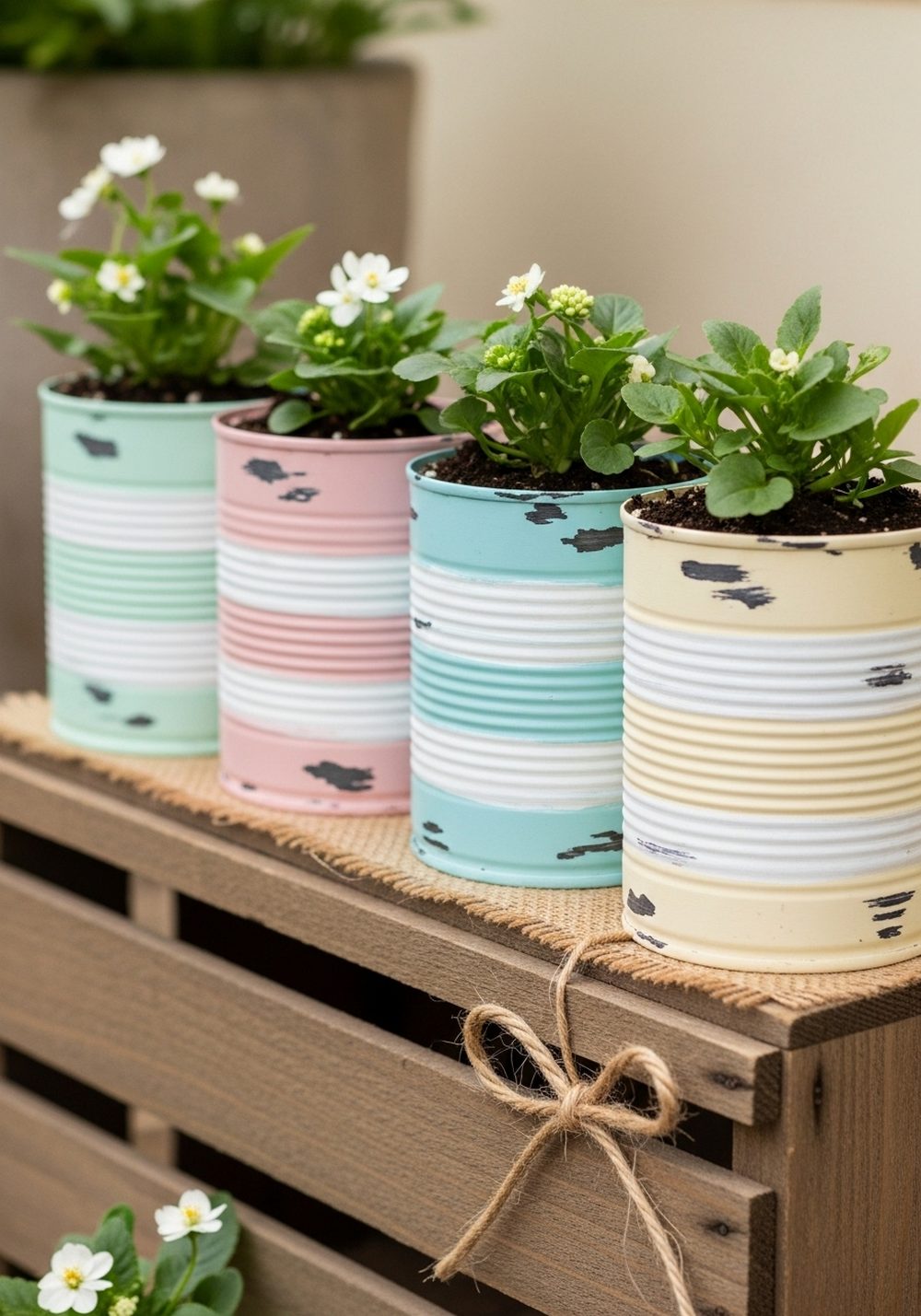 Pastel Farmhouse Tin Cans On A Wooden Crate Shelf