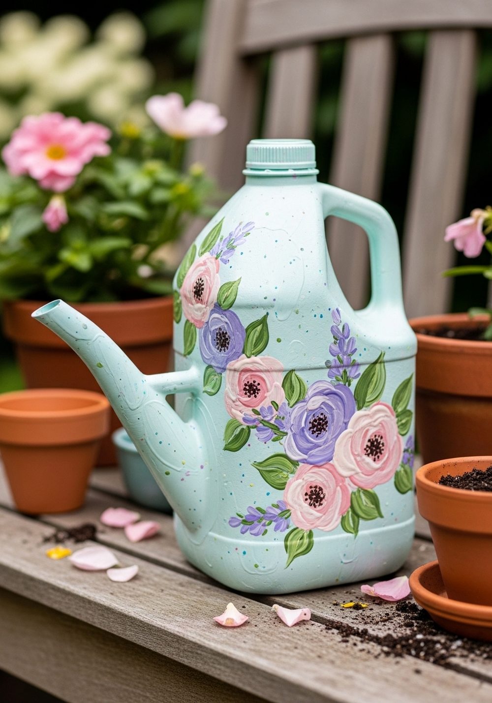 Pastel Floral Painted Milk Jug Watering Can