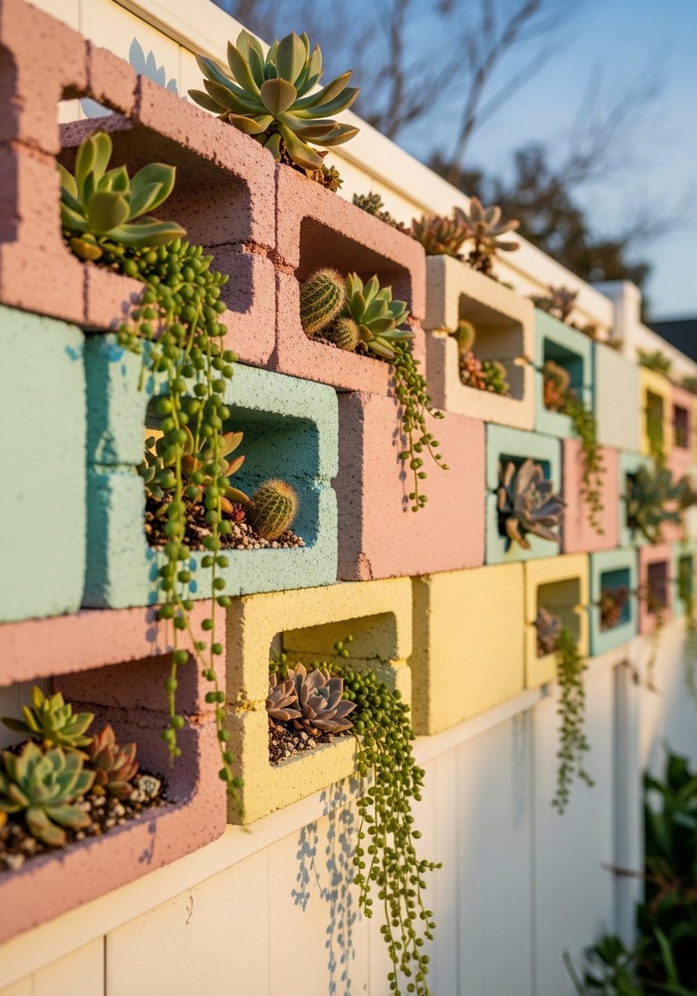 Pastel-Painted Cinder Block Succulent Feature Wall
