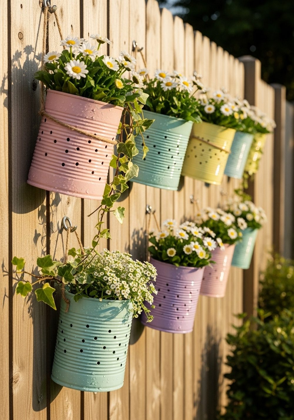 Pastel Painted Tin Can Fence Garden