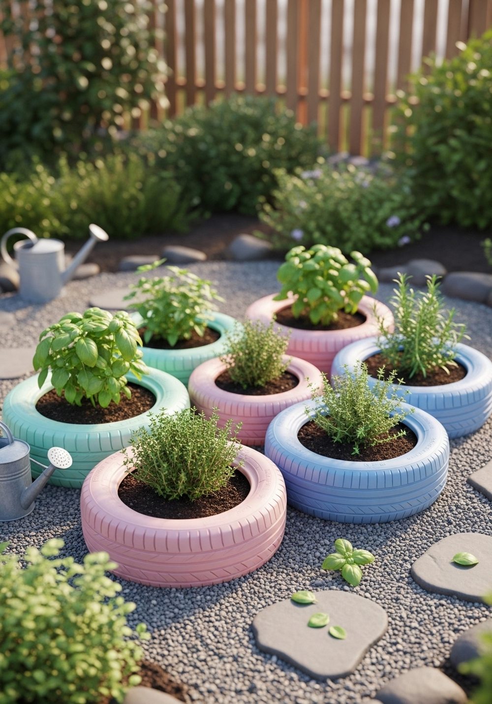 Pastel Painted Tire Herb Spirals